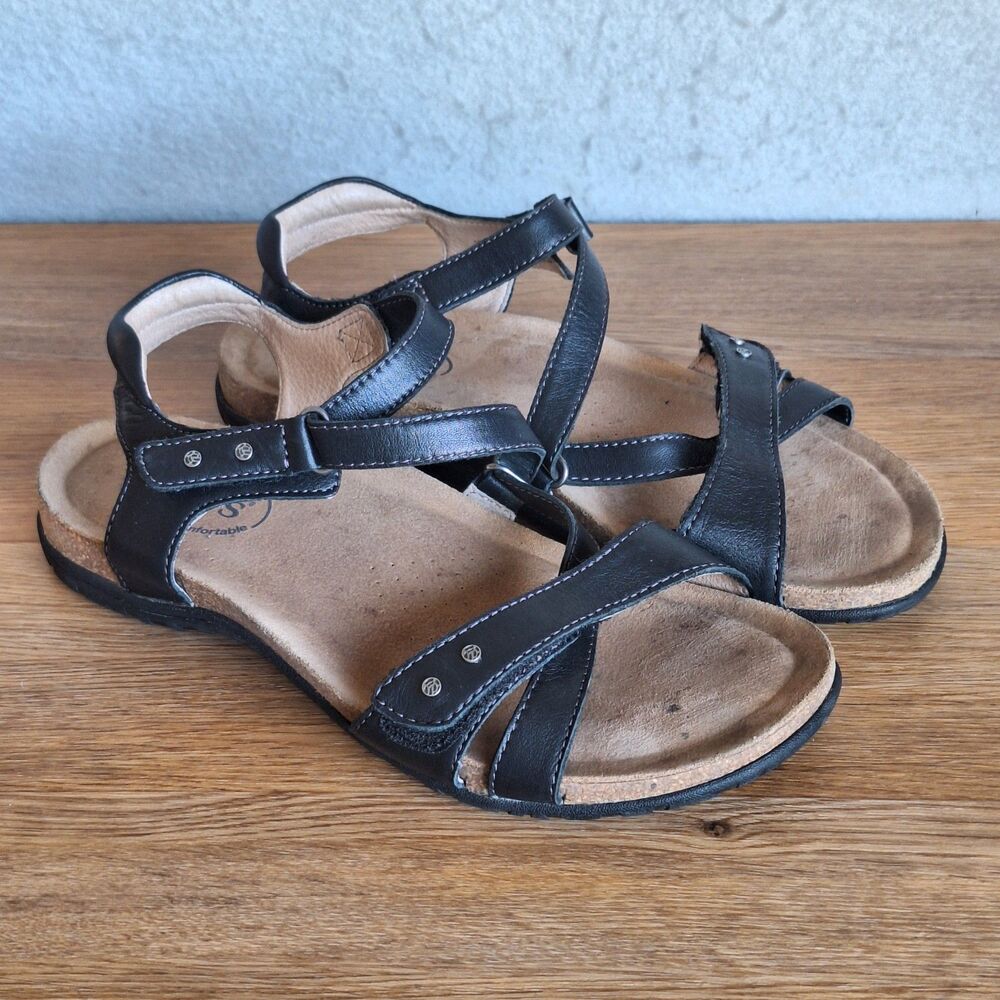 Taos Grand Z Sandals Women’s 7 Black Leather Strappy Comfort Flat Shoes